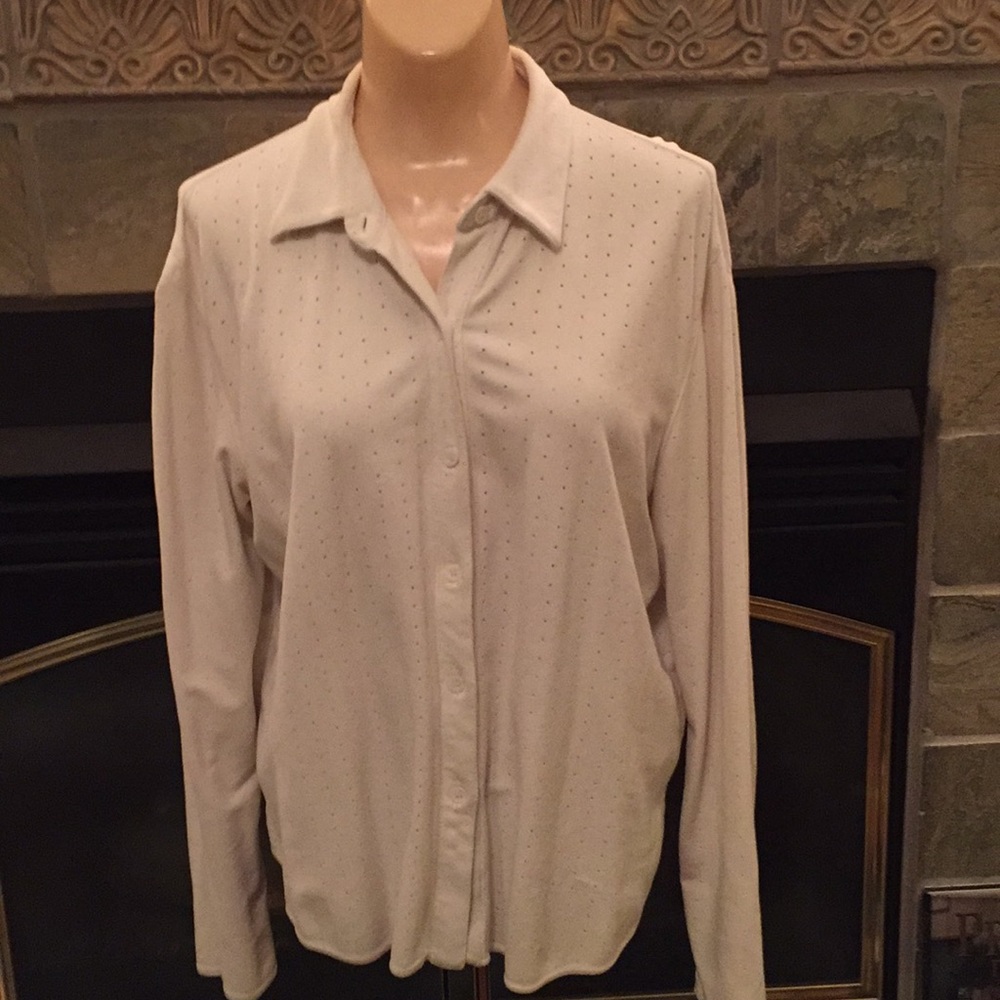 Faux suede long-sleeved button up top in vanilla